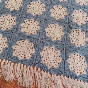 Handmade Crochet Throw Blanket in Blue and Cream - Cozy Home Accent
